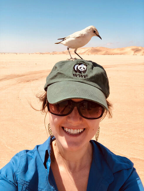 Closeup of Zdilla at beach with bird on head