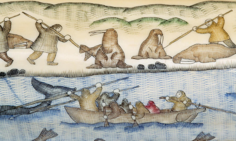  Carving in walrus tusk ivory, depicting walrus and whale hunters