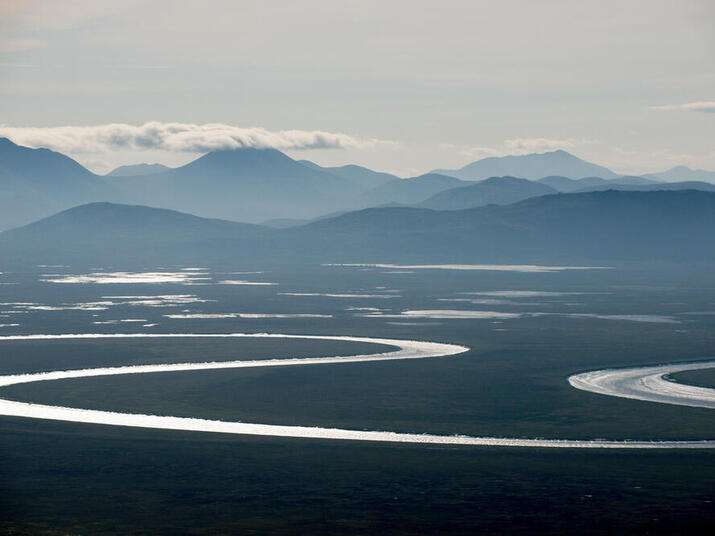 An aerial view of a landscape in the Bristol Bay watershed