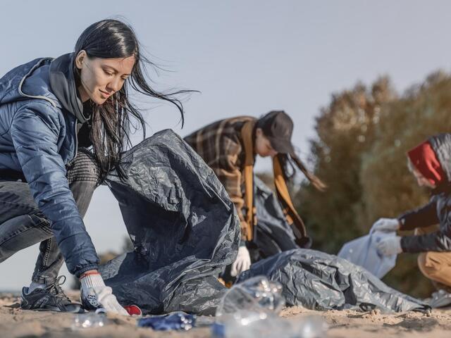 a group of people picking up trash on a beach