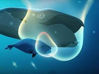 An animated bowhead whale and her calf swimming