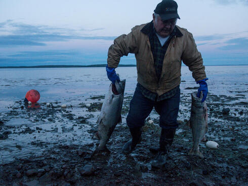 fisher with salmon in Bristol Bay