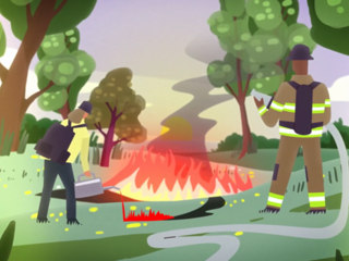 Two animated firefighters working on a controlled burn