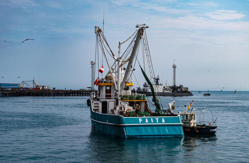 The rear view of a large blue industrial fishing boat on the water