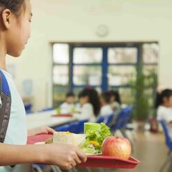 School girl holding food tray in school cafeteria