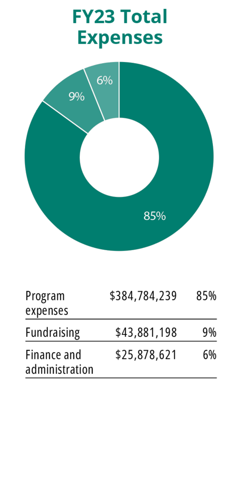 2023 WWF Total expenses pie chart: 85% goes towards program expenses, 9% to fundraising, and 6% to finance and administration.