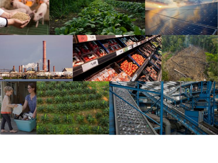 several images depicting farms, energy sources, production, recycling