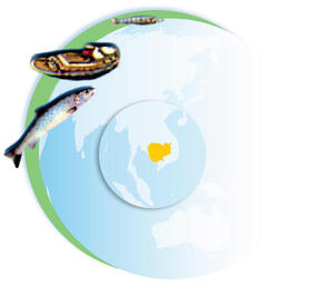 Globe showing Cambodia with fish and boat