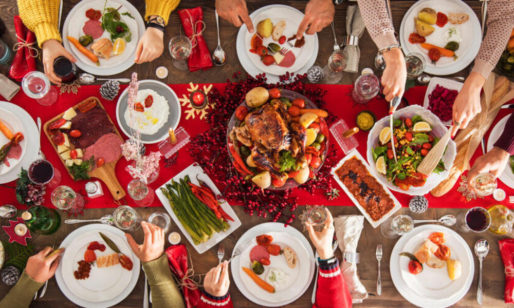 overhead view of table set with food and decorations