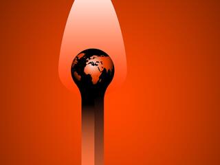 An illustrated match shows the planet earth in its flame