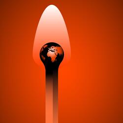 An illustrated match shows the planet earth in its flame