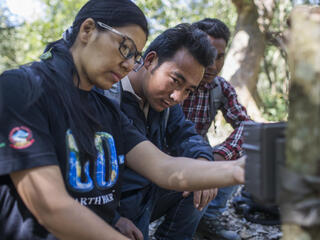Sabita Malla (front), tiger expert at WWF Nepal, is installing a camera trap with citizen scientists responsible for monitoring tigers in the Khata Corridor. Most visible citizen scientist here is Chabbi Thara Magar.