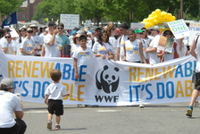 A group of WWF activists holding a banner that says Renewable It's Doable