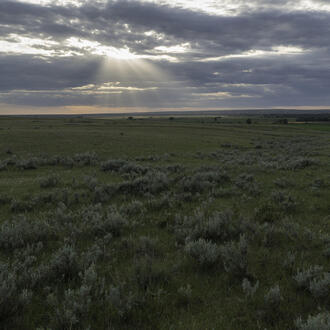 The sun shines through clouds on the plains