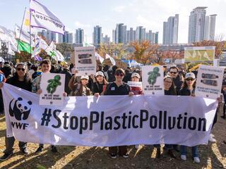 A group of people marching outdoors behind a banner that reads "#StopPlasticPollution"