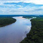 Aerial view of a free-flowing blue river snaking through the green Bolivian Amazon