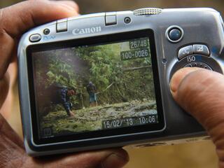 Reviewing a photograph on a Canon camera of a camera trap being tested
