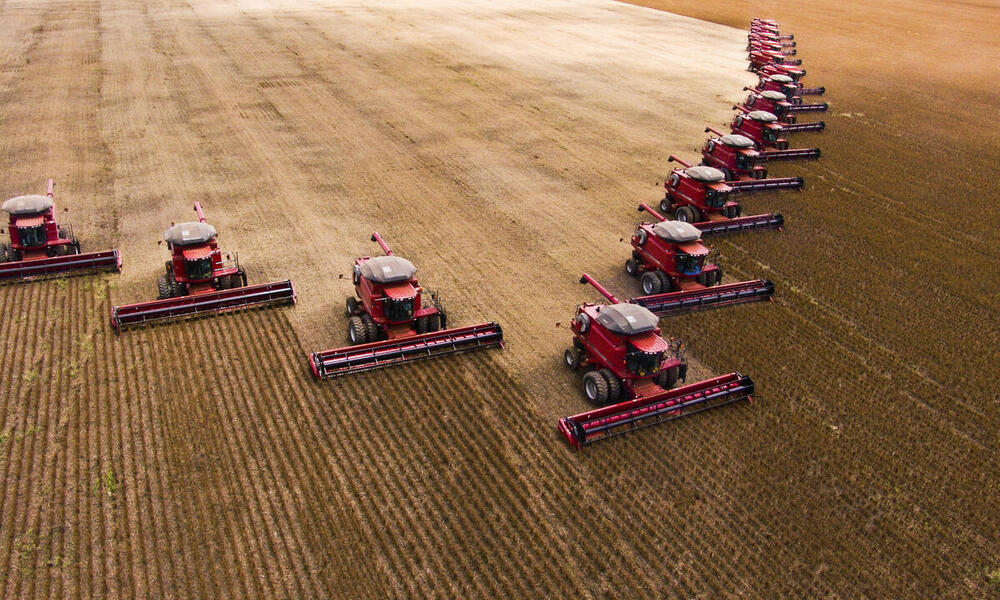 Mass soybean harvesting at a farm in Brazil