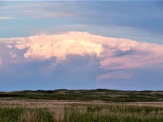 Wide landscape shot of a large storm cloud rolling over green grassland