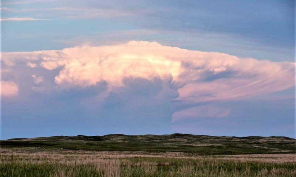 Wide landscape shot of a large storm cloud rolling over green grassland