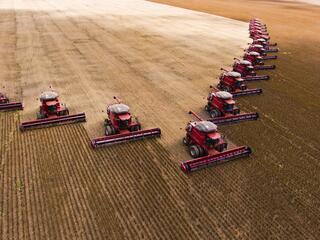 Aerial view of tractors on a soy plantation in Brazil
