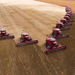 Aerial view of tractors on a soy plantation in Brazil