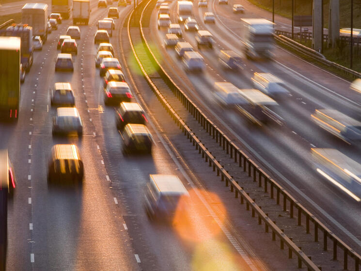 cars in rush hour traffic in Manchester, UK