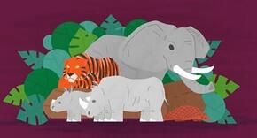 illustration of wildlife including elephant, tiger and two rhinos